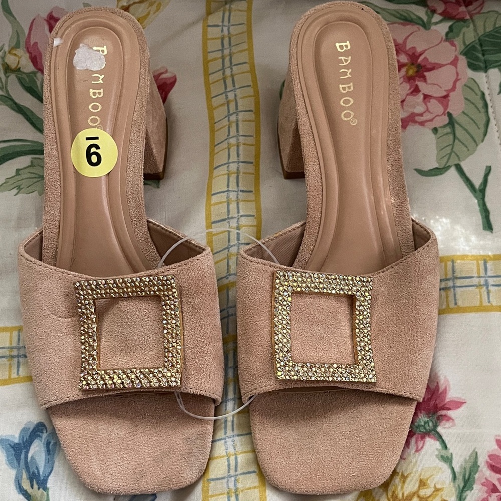 BAMBOO Blush Pink Suede Block Heel Mules with Rhinestone Square Buckles
